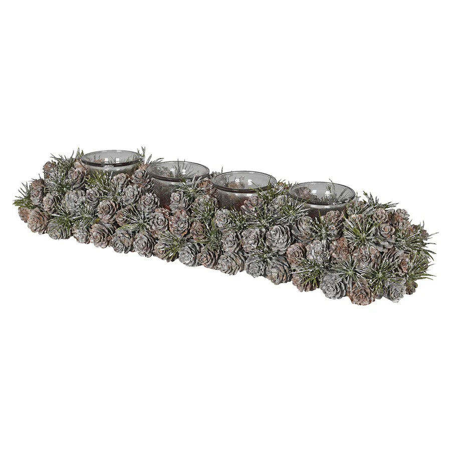 Frost Pinecone Candle Holder from Coach House Christmas by Cornucopia Home and Gift, featuring frosted pinecones for festive decor.