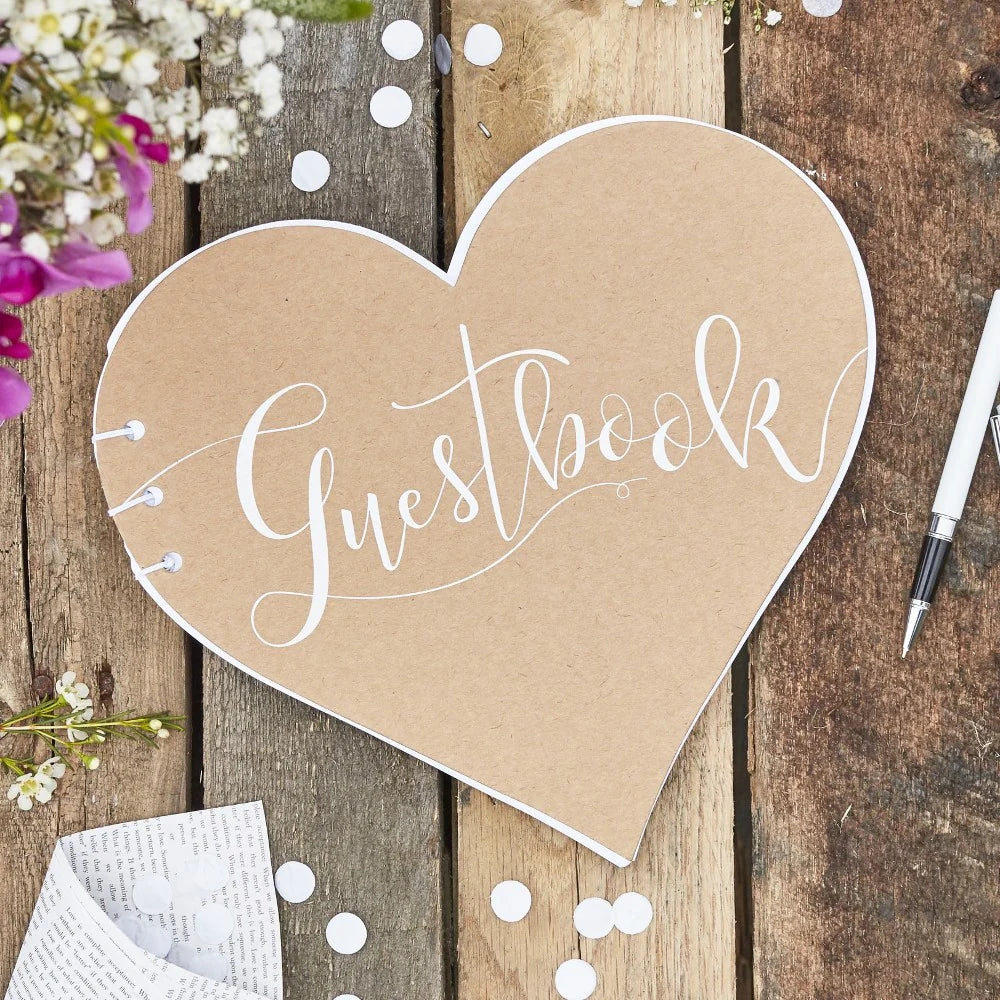 Kraft heart-shaped guestbook by Ginger Ray, perfect for weddings, with blank pages for guests to sign and leave messages.