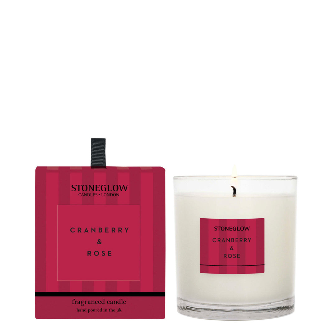Stoneglow Modern Classics Cranberry & Rose Tumbler Candle with a sleek glass container and floral-inspired design.