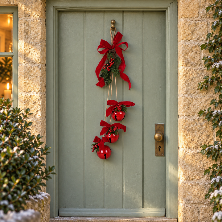 Red Bells with Bow &amp; Faux Foliage