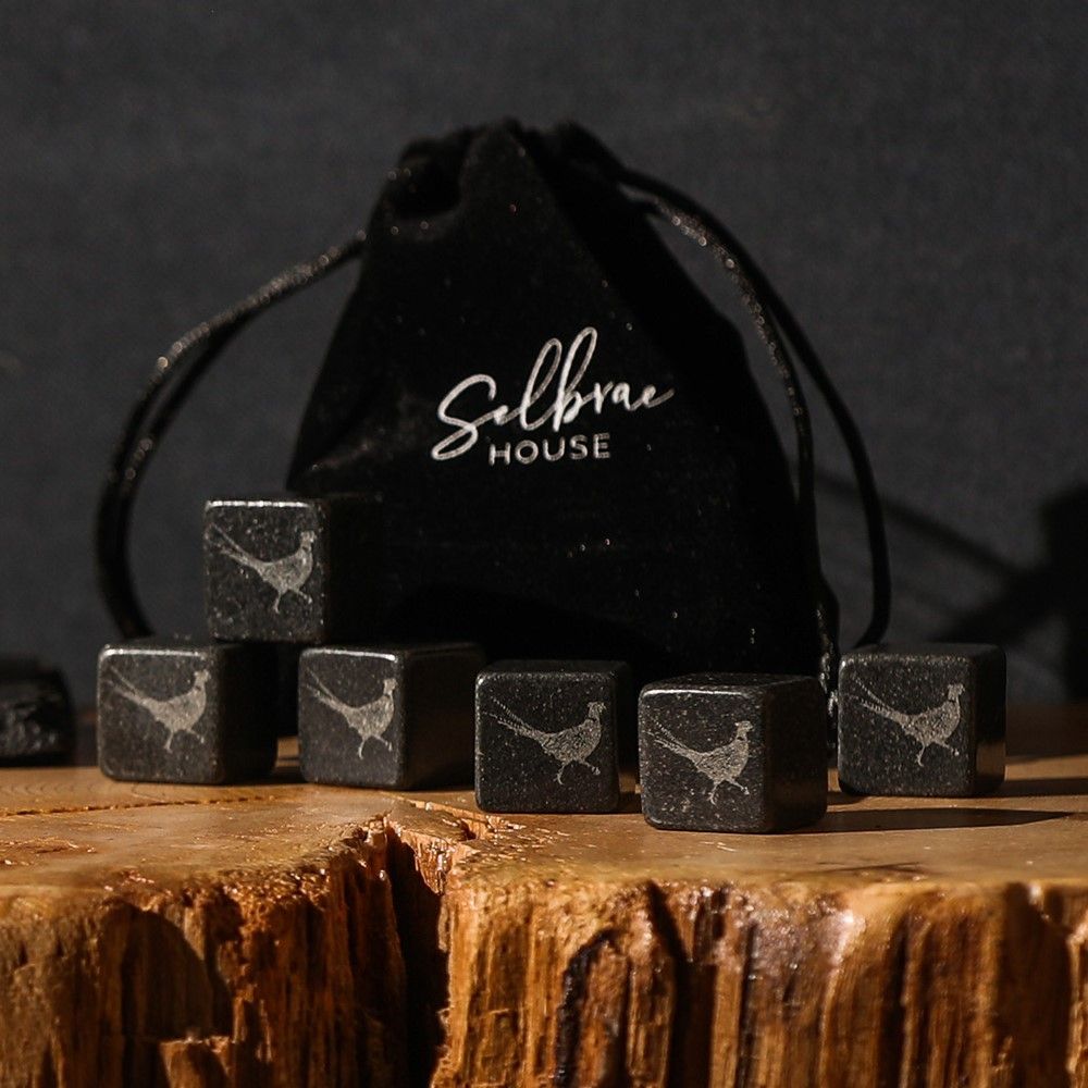 Set of 6 Selbrae House Pheasant Whisky Stones by Cornucopia Home and Gift, designed for chilling whisky without dilution.