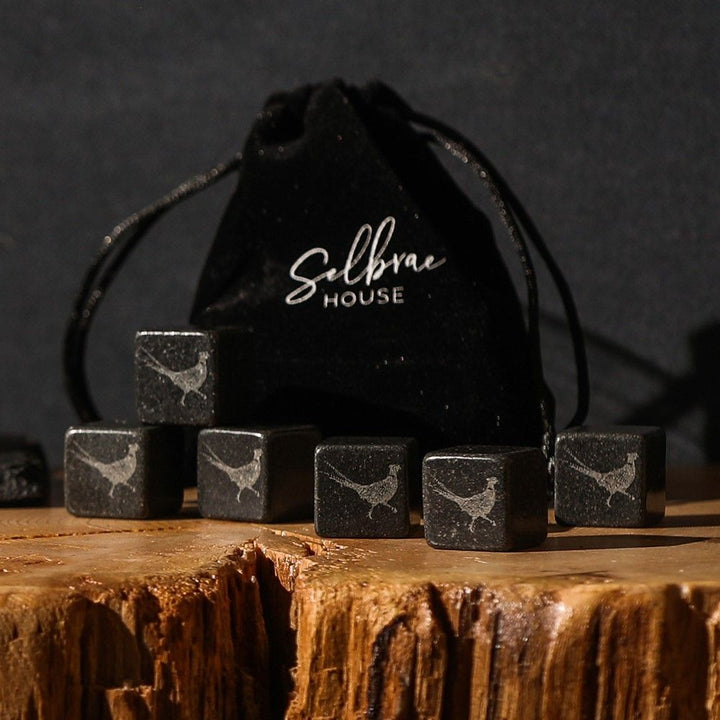 Set of 6 Selbrae House Pheasant Whisky Stones by Cornucopia Home and Gift, designed for chilling whisky without dilution.