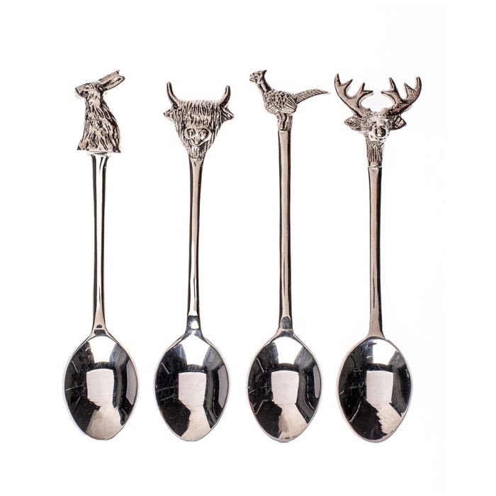 Set of four Selbrae House country animal spoons by Cornucopia Home and Gift, featuring charming farm animal designs.