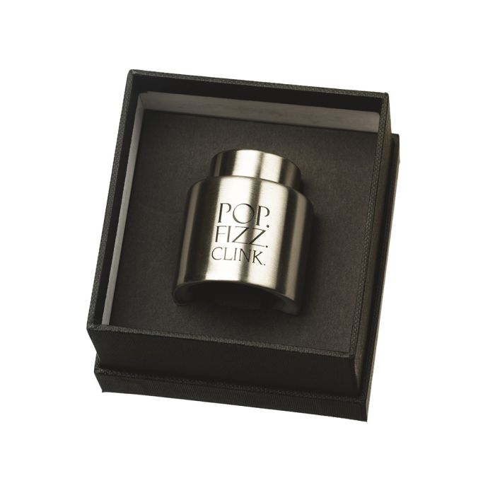 Selbrae House Pop Fizz Clink Prosecco stopper with black rubber seal and metal top, designed to preserve sparkling wine freshness.