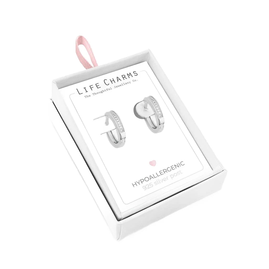 Silver diamond circle earrings from Life Charms by Cornucopia Home and Gift, featuring sparkling diamond accents and a sleek circular design.
