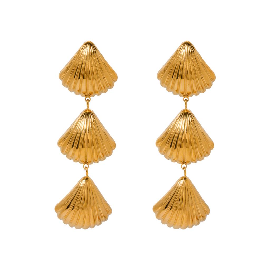 White leaf-shaped gold triple drop shell earrings with intricate design by Cornucopia Home and Gift.