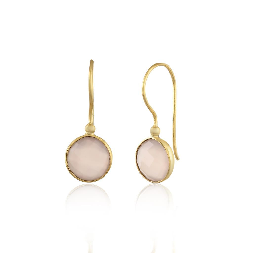White leaf-shaped gold and rose stone hook earrings by Cornucopia Home and Gift displayed on a white background