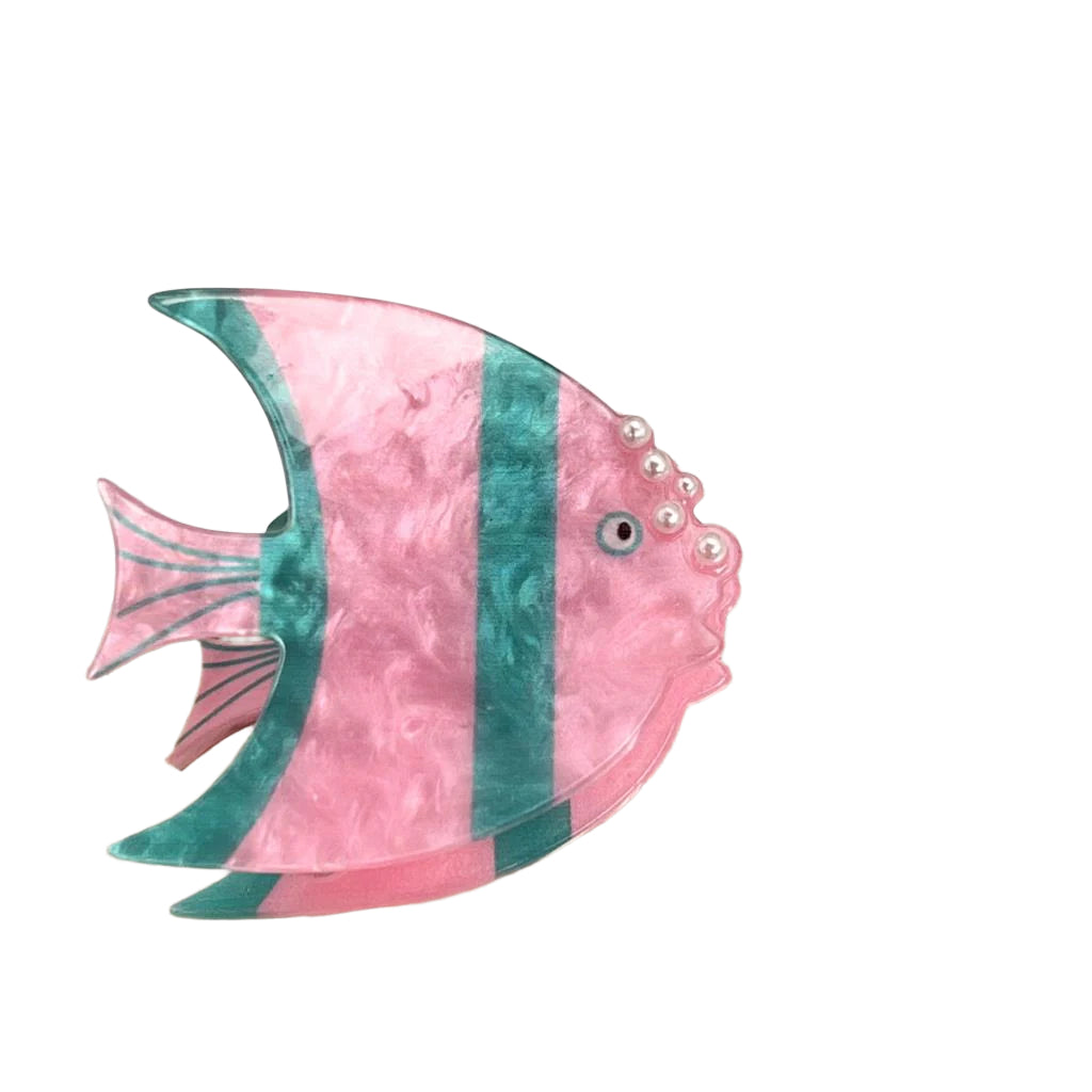 White leaf-shaped Cornucopia Home and Gift angelfish claw clip in pink and green with detailed leaf design.