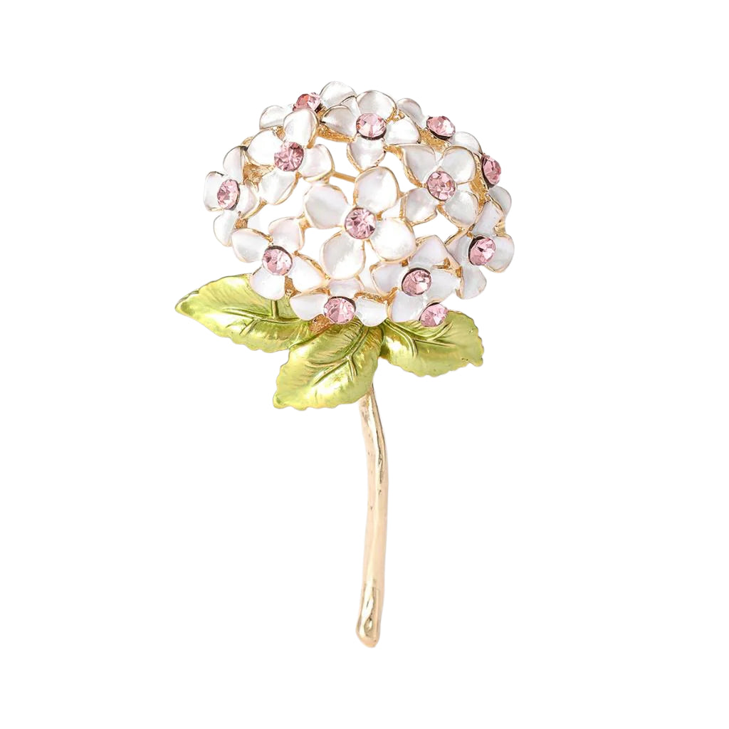 White hydrangea stem brooch with white leaf details, perfect for elegant accessories or floral-inspired jewelry.