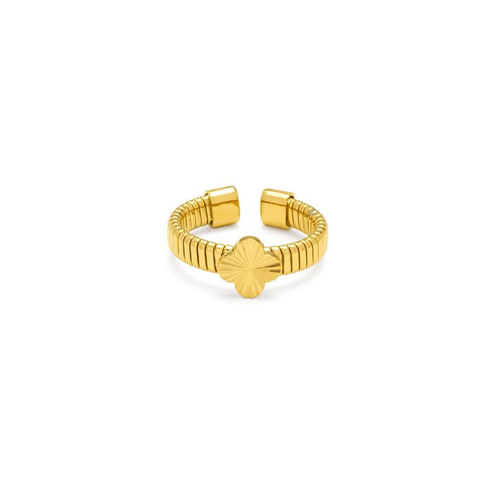 White leaf Ridged Clover Band Ring by Cornucopia Home and Gift featuring a textured clover design on a sleek band