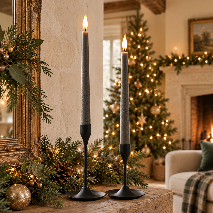 Pewter LED Taper Candles - Set of 2, 22cm