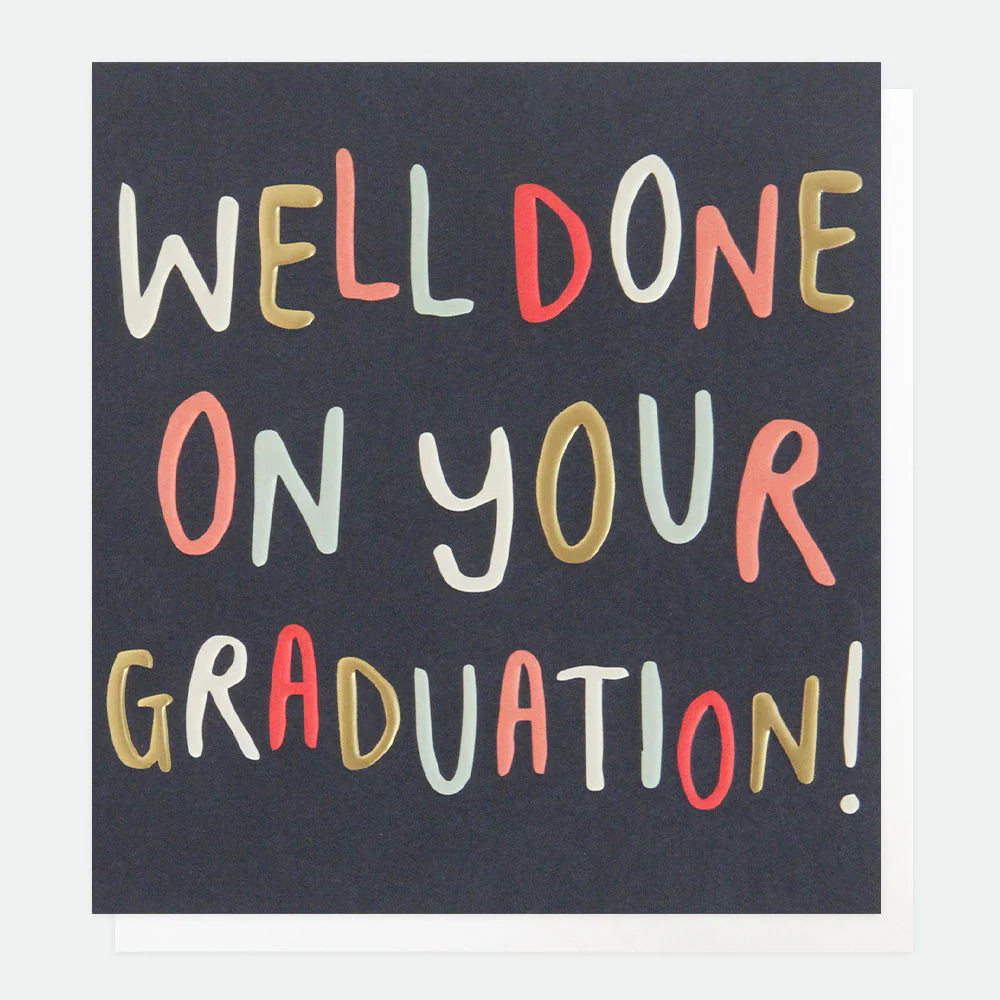 Caroline Gardner Well Done On Your Graduation greeting card with bold text design, perfect for celebrating graduates.