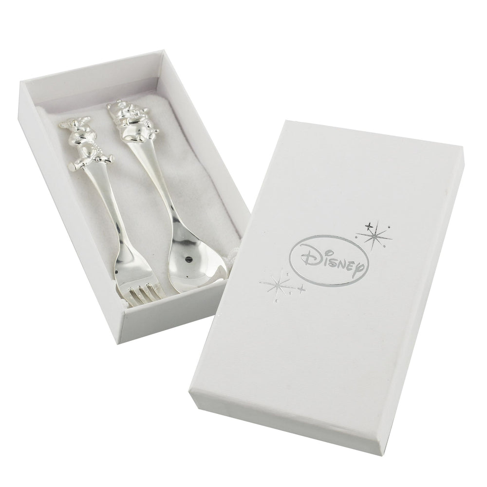 Disney Winnie the Pooh fork and spoon set by Widdop & Co, featuring colorful Pooh characters on stainless steel utensils.
