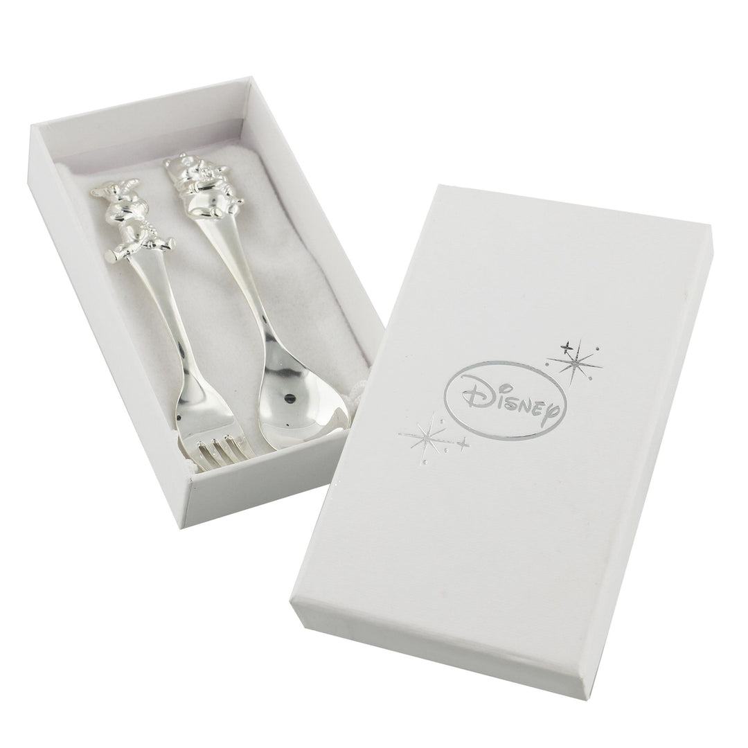 Disney Winnie the Pooh fork and spoon set by Widdop &amp; Co, featuring colorful Pooh characters on stainless steel utensils.