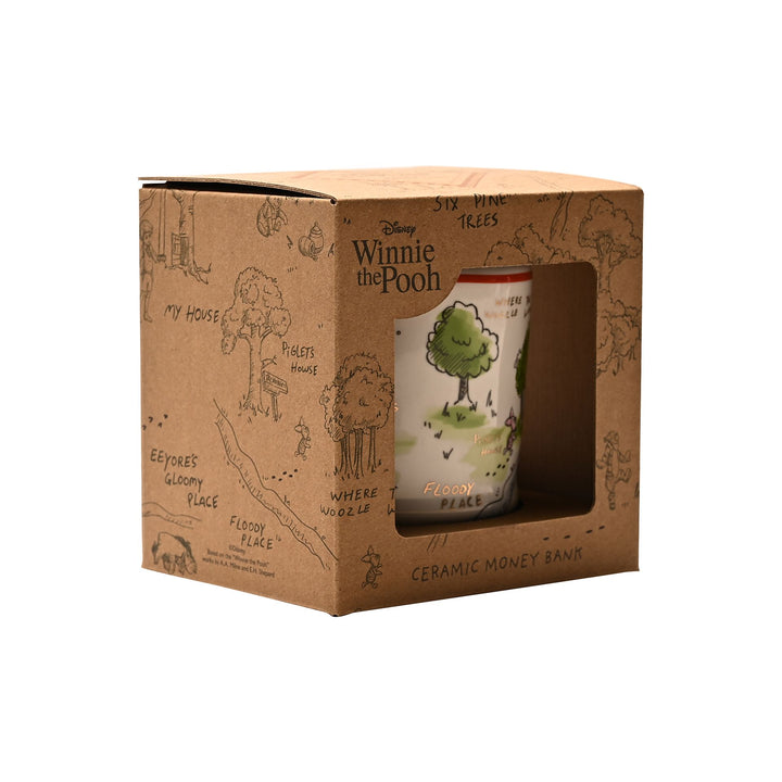 Disney Winnie the Pooh ceramic money bank by Widdop &amp; Co, featuring Pooh sitting with a honey pot.