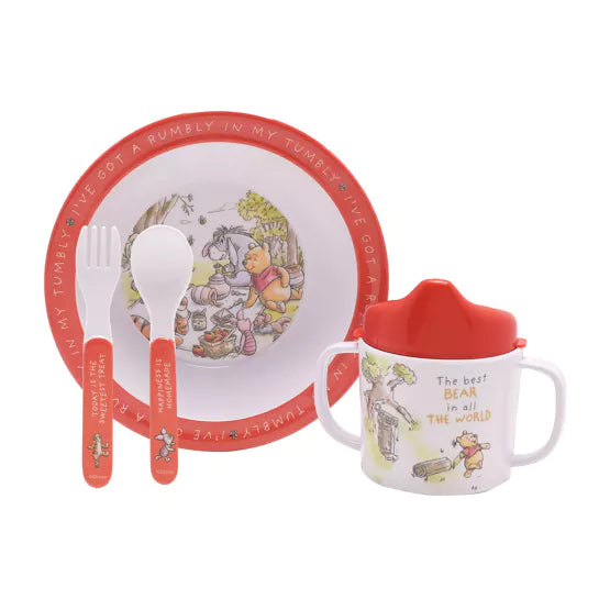 Disney Winnie the Pooh melamine 4-piece dinner set by Widdop & Co, featuring colorful illustrations of Winnie the Pooh characters.