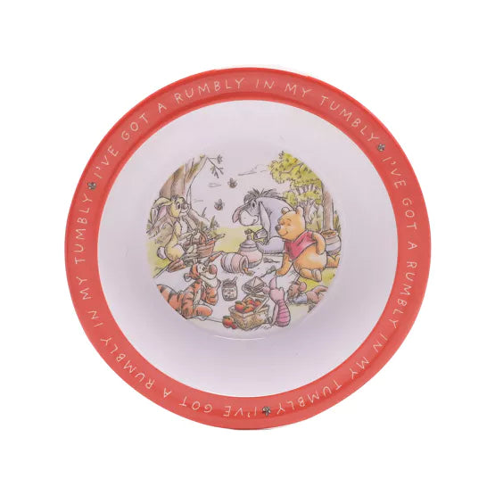 Disney Winnie the Pooh melamine 4-piece dinner set by Cornucopia Home, featuring colorful Pooh and friends design.
