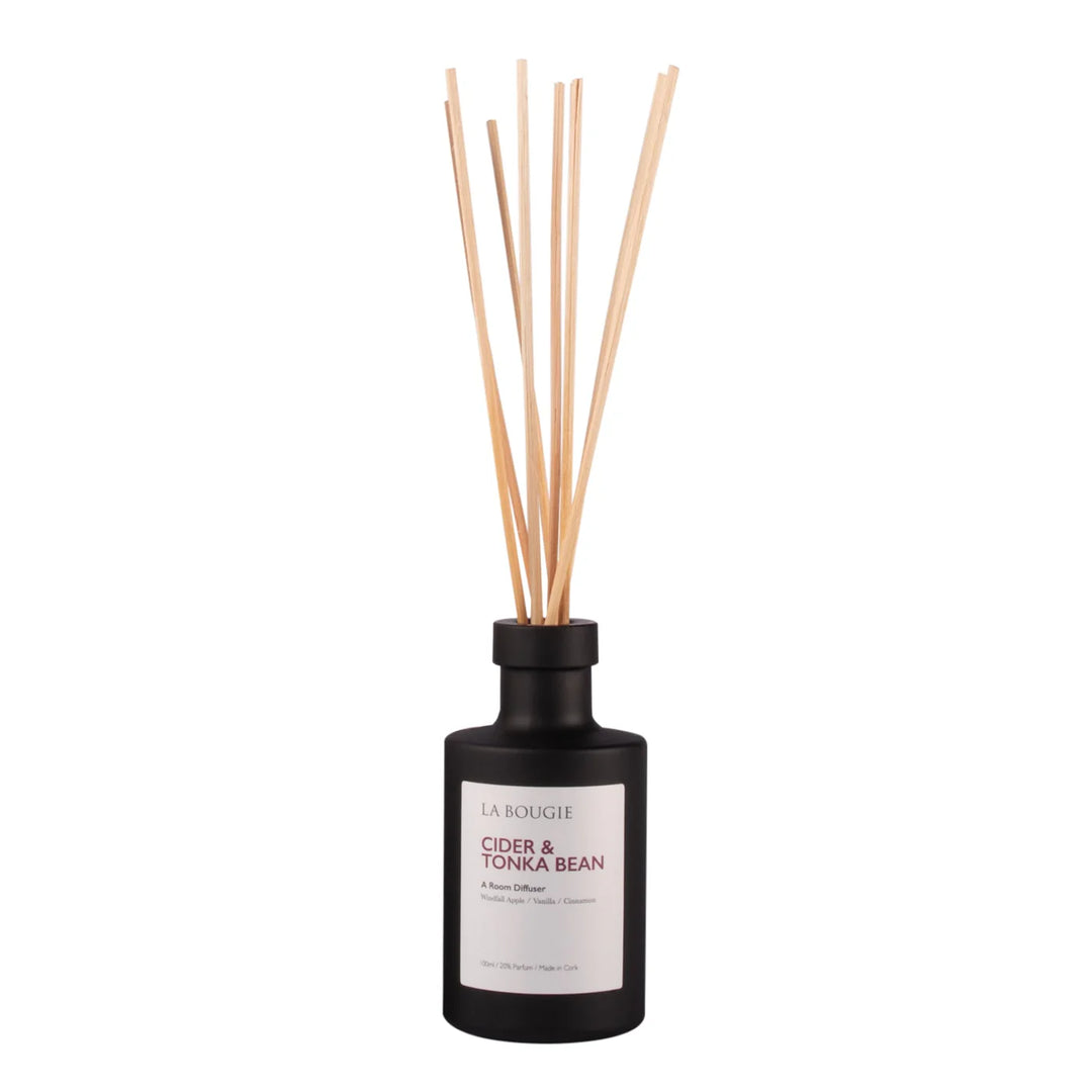 Cornucopia Home and Gift Cider & Tonka Bean La Bougie room diffuser with elegant glass bottle and reed sticks for aromatic home scent