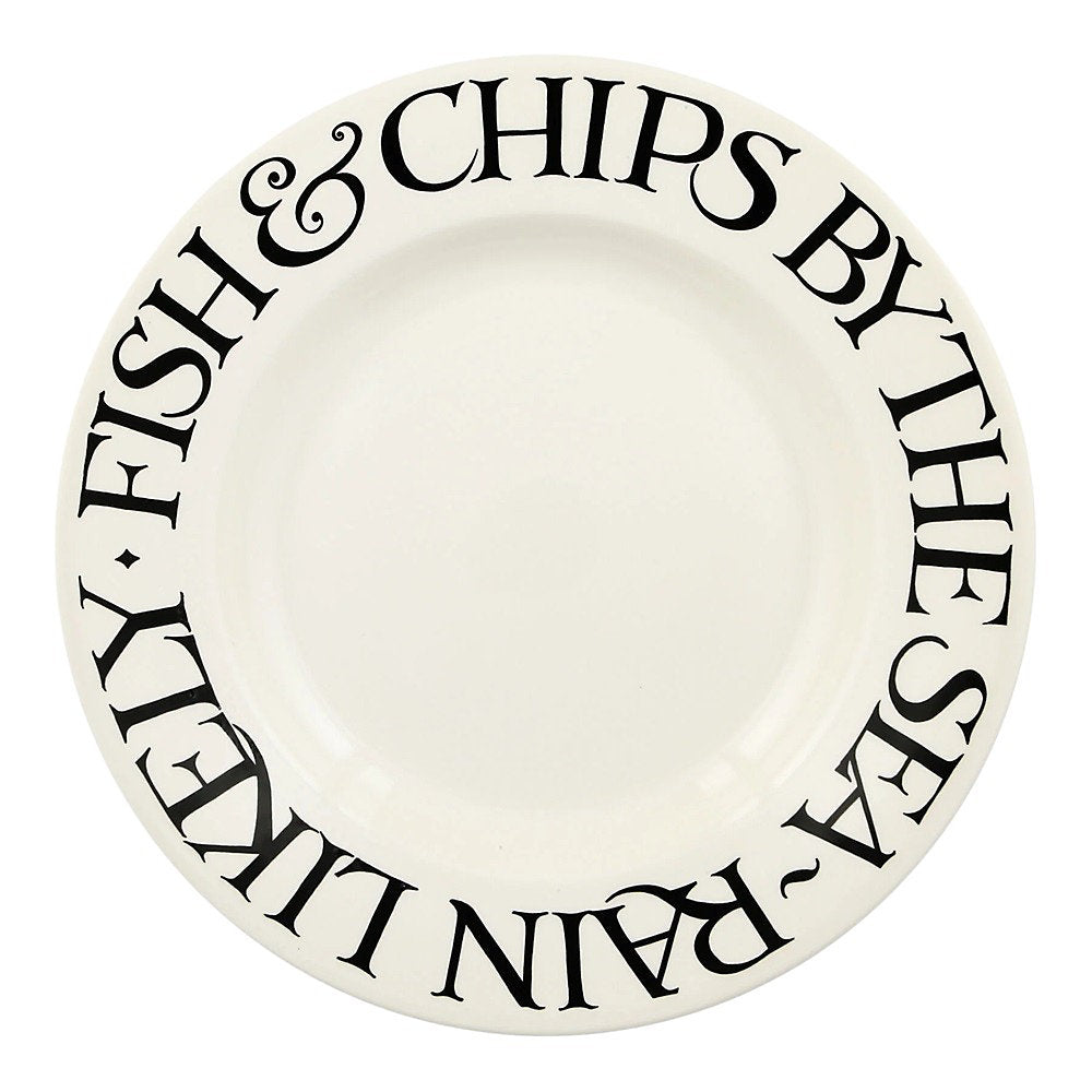 Emma Bridgewater Black Toast Fish & Chips 10.5-inch ceramic dinner plate with black toast pattern and fish and chips illustration.