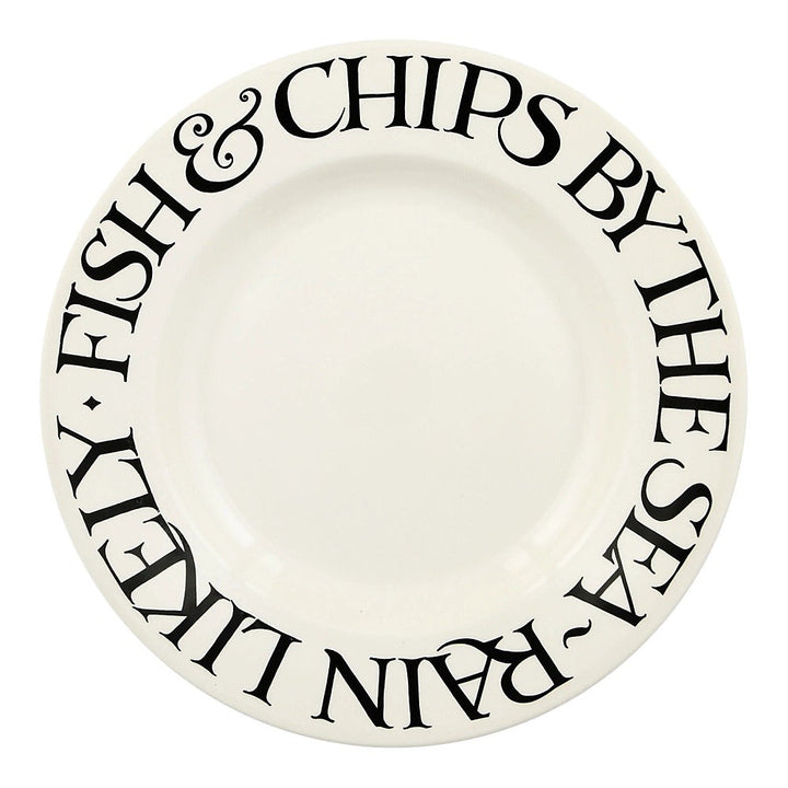 Emma Bridgewater Black Toast Fish &amp; Chips 10.5-inch ceramic dinner plate with black toast pattern and fish and chips illustration.