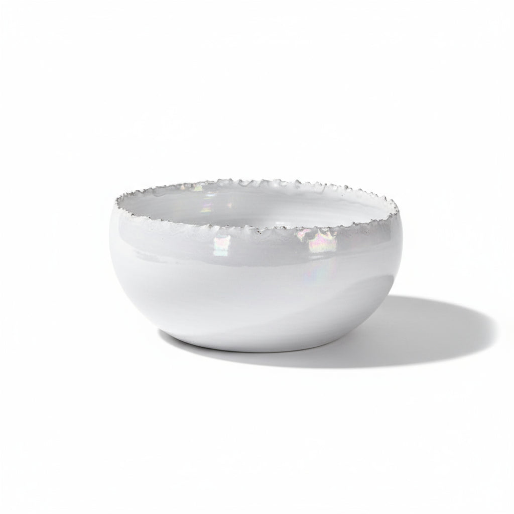 Cornucopia Worcester Coach House distressed white ceramic bowl with rustic, distressed edges, whitewash finish, and smooth interior.