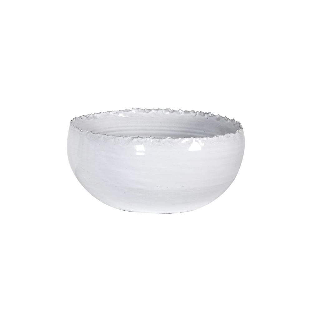 Cornucopia Worcester Coach House distressed white ceramic bowl with a rustic, textured edge and whitewash finish.