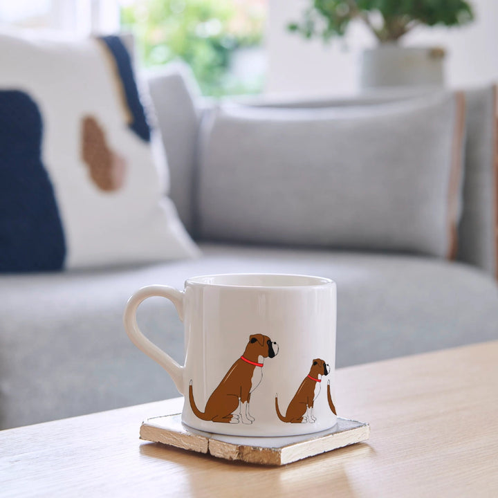 Sweet William Boxer Dog mug with a cute boxer dog illustration, designed by Cornucopia Home and Gift.