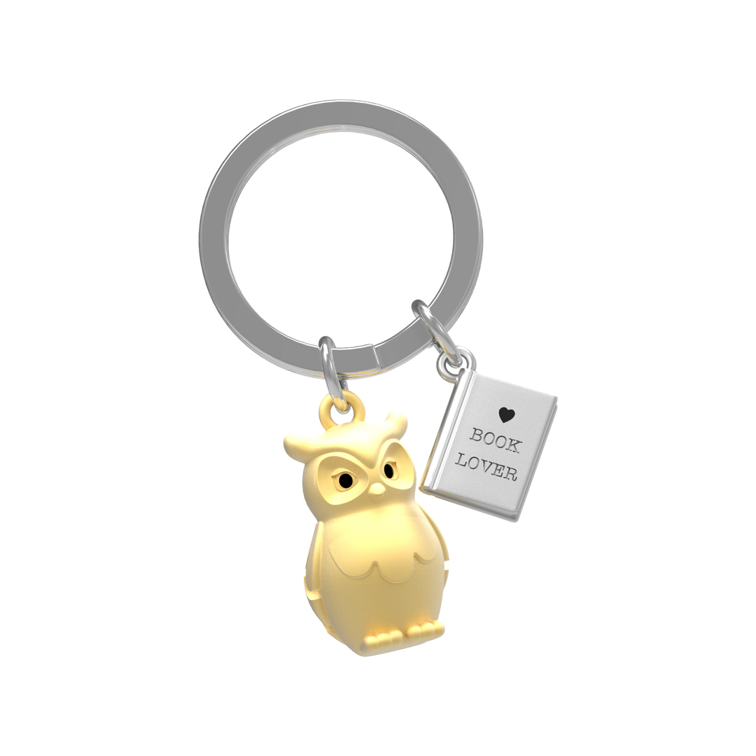 Gold owl and book keyring by Oli Olsen featuring a detailed owl and open book design, perfect for keys or accessories.