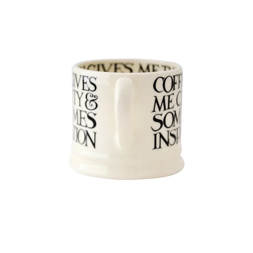 Emma Bridgewater Black Toast all-over writing small ceramic mug with black and white toast pattern on white background.