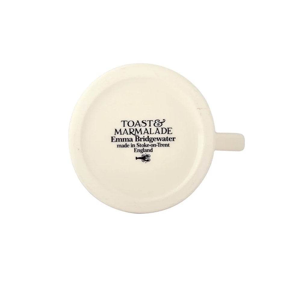 Emma Bridgewater Black Toast all-over writing small mug with black toast pattern and white background.