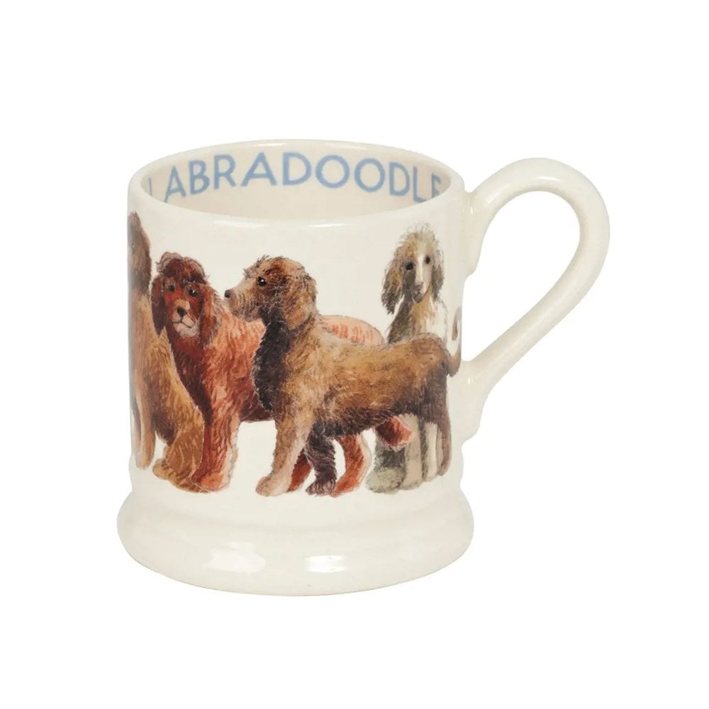 Emma Bridgewater Labradoodle half-pint mug with dog illustration, white ceramic cup perfect for coffee or tea.