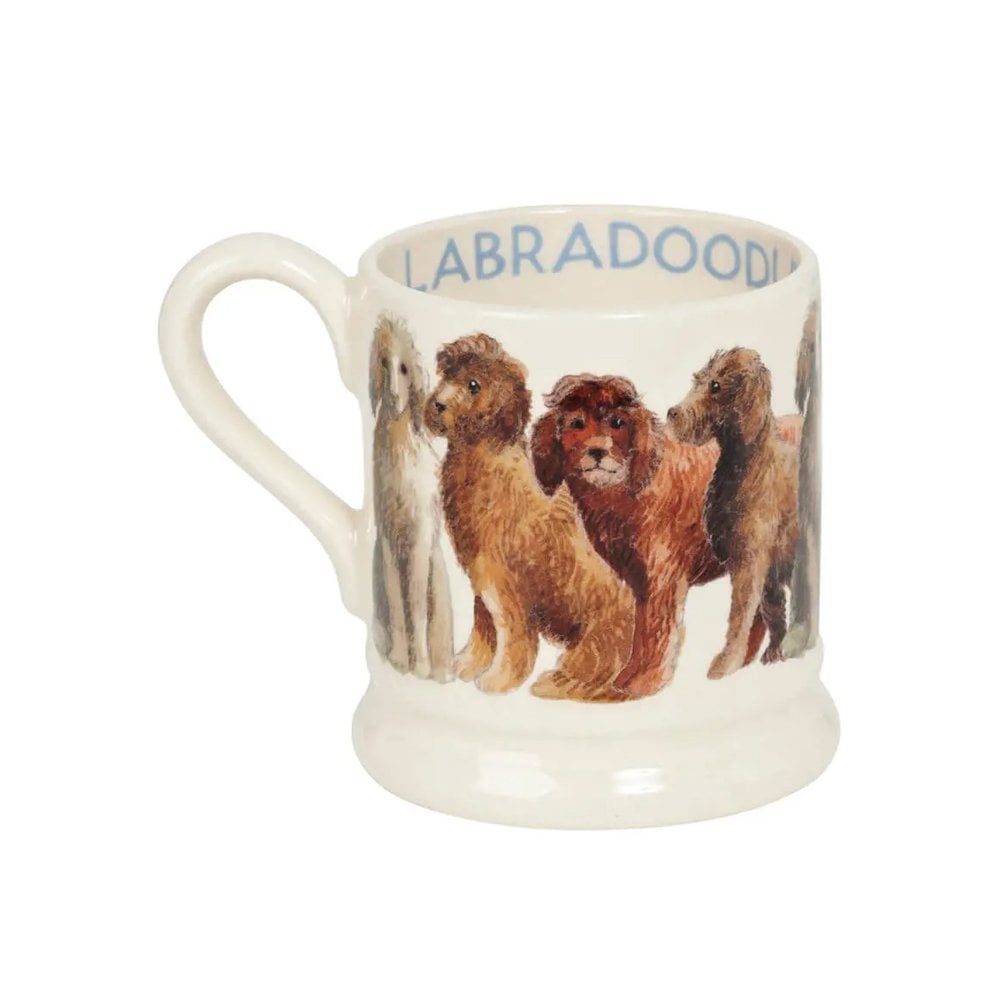 Emma Bridgewater Labradoodle half-pint mug featuring a colorful Labradoodle dog illustration on ceramic pottery.