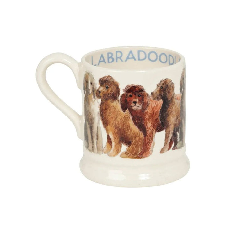 Emma Bridgewater Labradoodle half-pint mug featuring a colorful Labradoodle dog illustration on ceramic pottery.