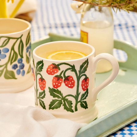 Emma Bridgewater Raspberries ½ Pint Mug featuring a vibrant raspberry pattern and classic design for tea or coffee.