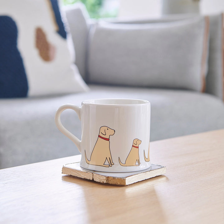 Yellow Labrador dog mug by Sweet William featuring a bright yellow Labrador design, perfect for dog lovers and coffee enthusiasts.