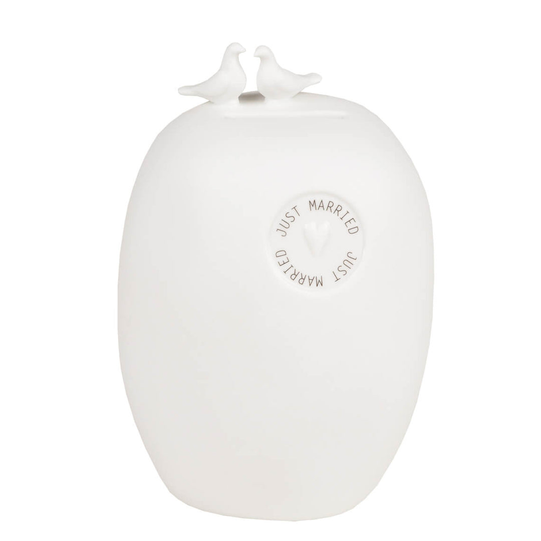 Porcelain money box shaped like wheels with "Just Married" inscription, by Cornucopia Home and Gift, perfect for wedding keepsakes.