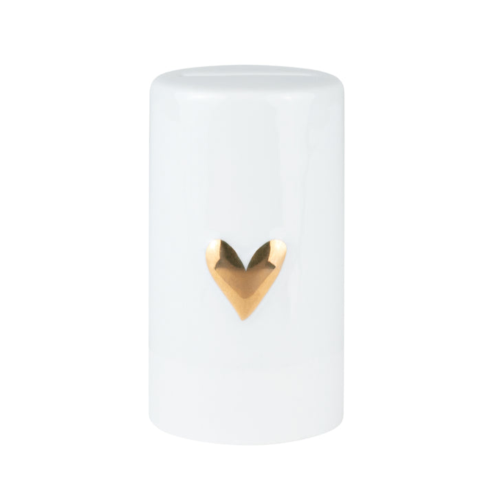 Gold heart-shaped Radër moneybox by Cornucopia Home and Gift with detailed heart design and smooth finish.