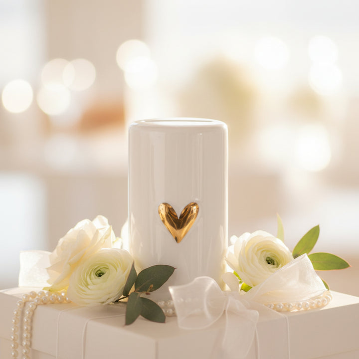 Gold heart-shaped Radër moneybox by Cornucopia Home and Gift with a shiny finish and slot for coins.