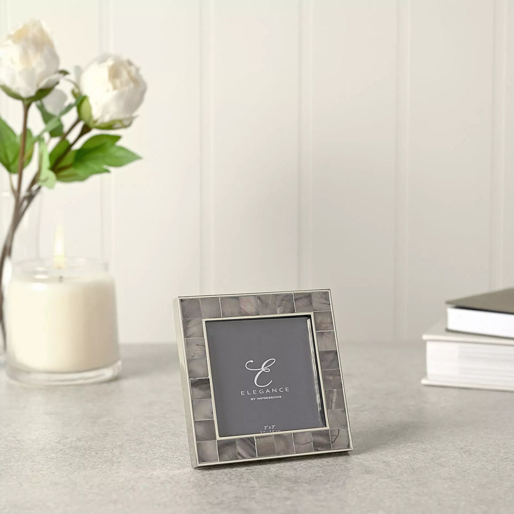 Grey mother of pearl 3x3 photo frame by Widdop & Co, featuring elegant square design from Cornucopia Home and Gift.