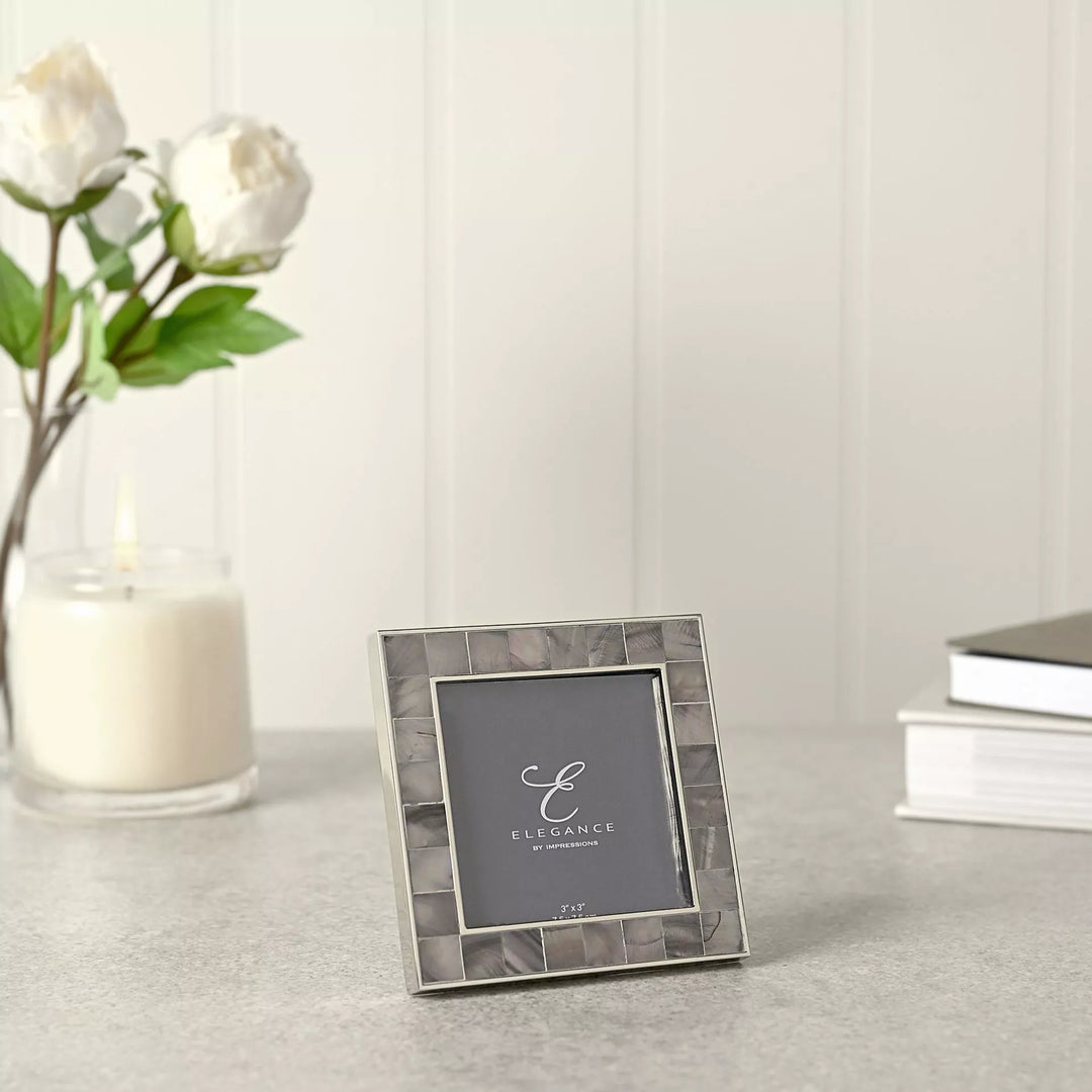 Grey mother of pearl 3x3 photo frame by Widdop &amp; Co, featuring elegant square design from Cornucopia Home and Gift.