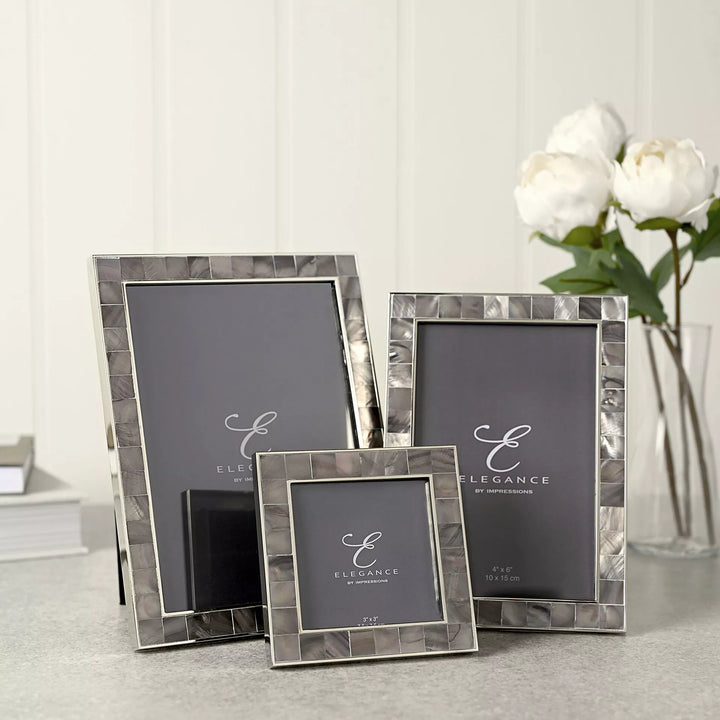 Elegance Grey Mother of Pearl 4x6 photo frame by Widdop &amp; Co, featuring a stylish grey mother of pearl finish and classic design.