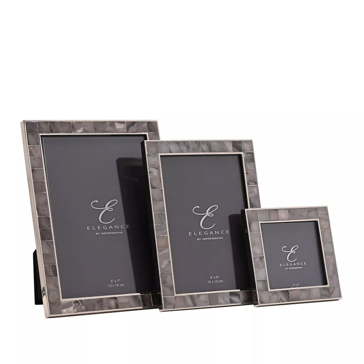 Grey mother of pearl 5x7 photo frame by Widdop &amp; Co, Cornucopia Home and Gift, showcasing a stylish, elegant picture display frame.