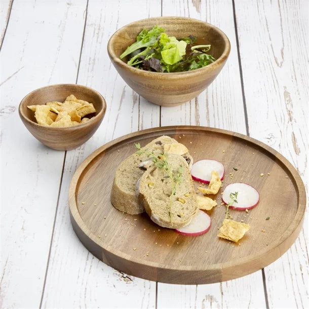 Large mango wood plate from Cornucopia Home and Gift with a 38cm diameter, featuring a natural wood grain finish.