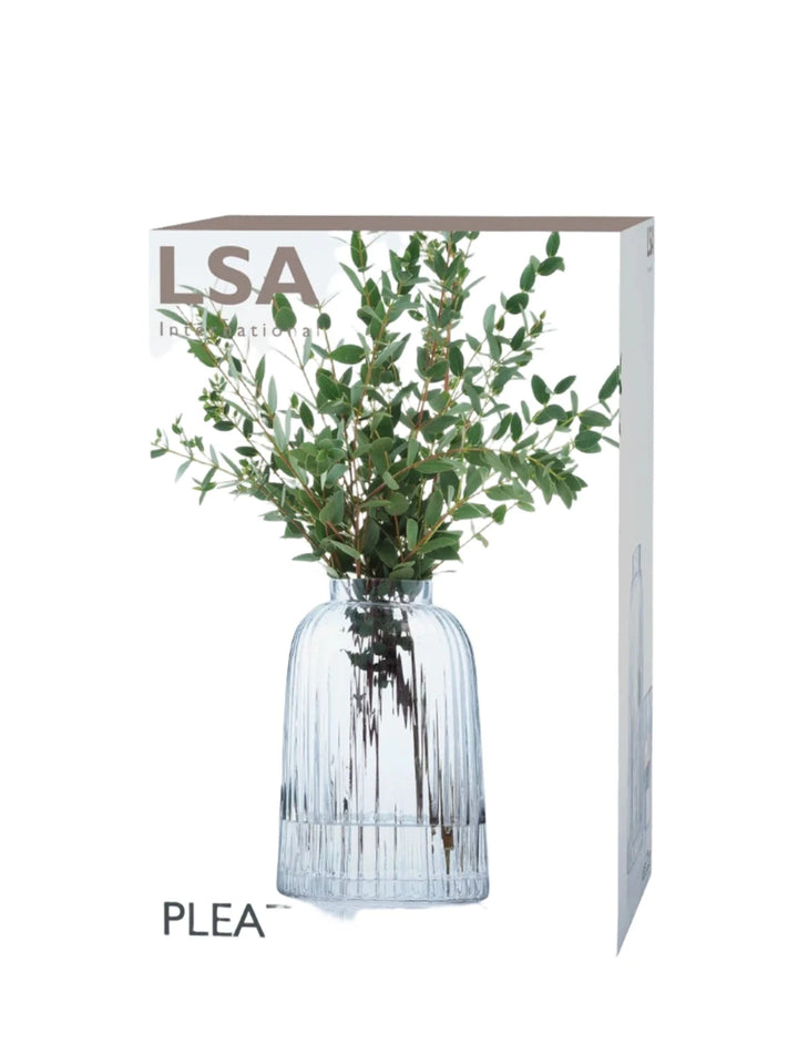 Clear 20cm Pleat Vase by LSA International featuring a textured pleat design for elegant home decor.