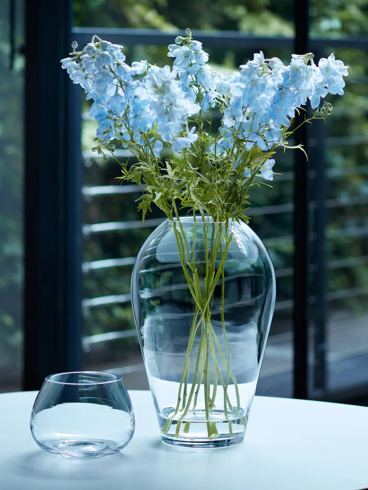 LSA International Flower Grand Bouquet Vase by Cornucopia Worcester with colorful floral arrangement, clear glass design, and elegant shape
