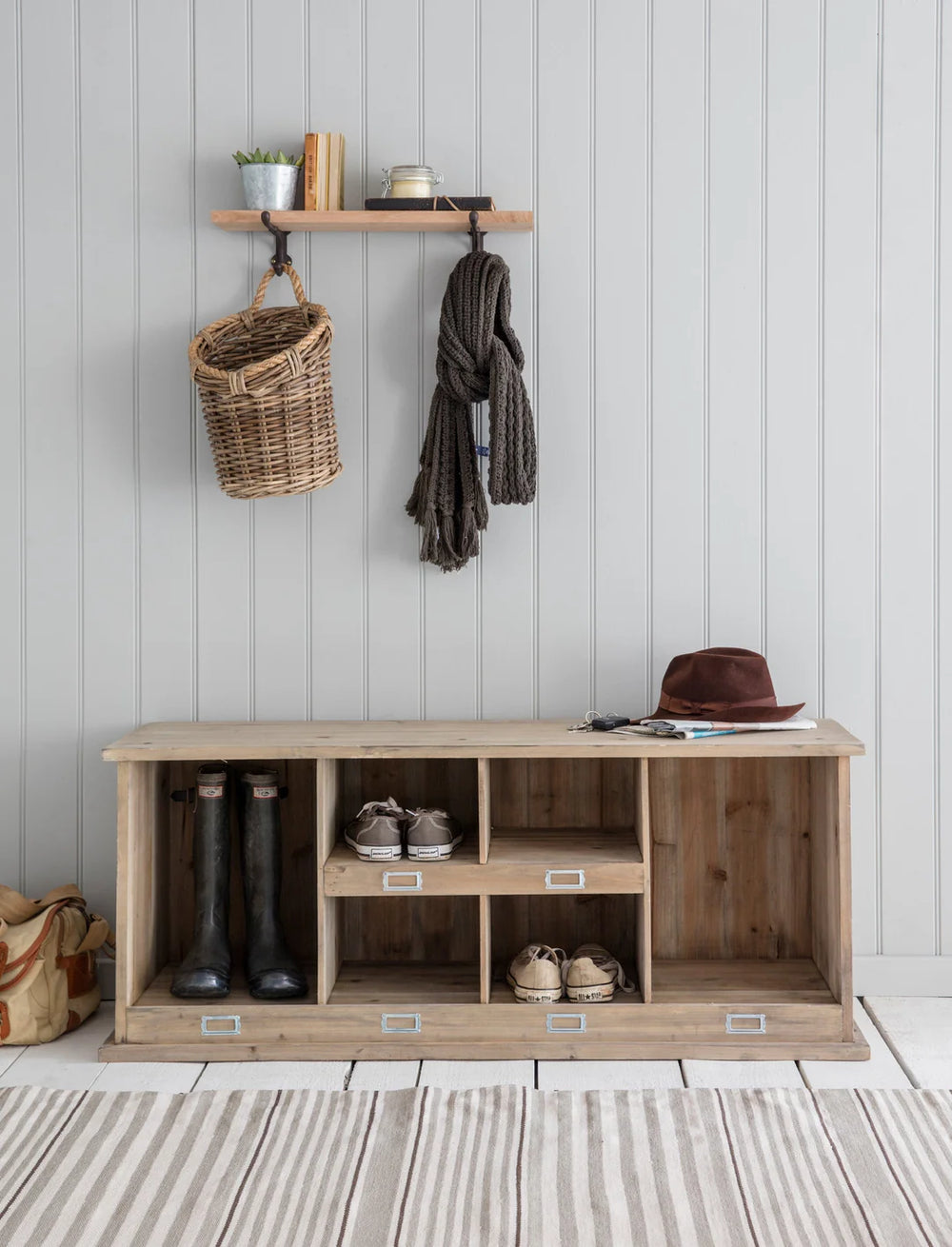 Natural Chedworth Welly Locker Low by Garden Trading, made by Cornucopia Home, featuring a wooden weatherproof storage unit for wellies.