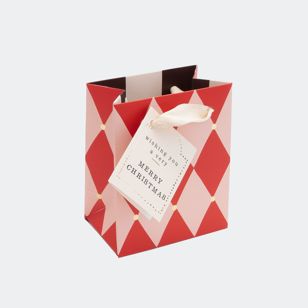 Small Pink and Red Harlequin Christmas Gift Bag - 13.5 x 11 x 7 cm