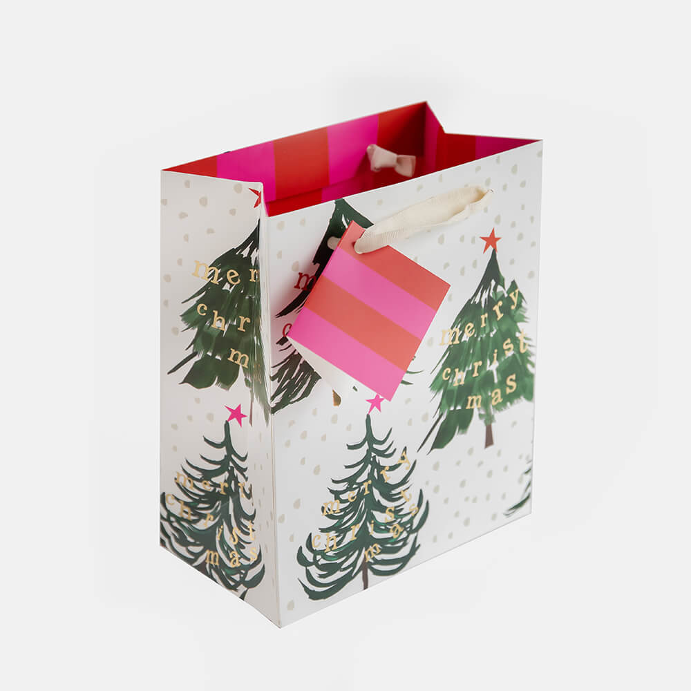 Medium Christmas Gift Bag with Trees and Gold Text - 23 x 19 x 11 cm