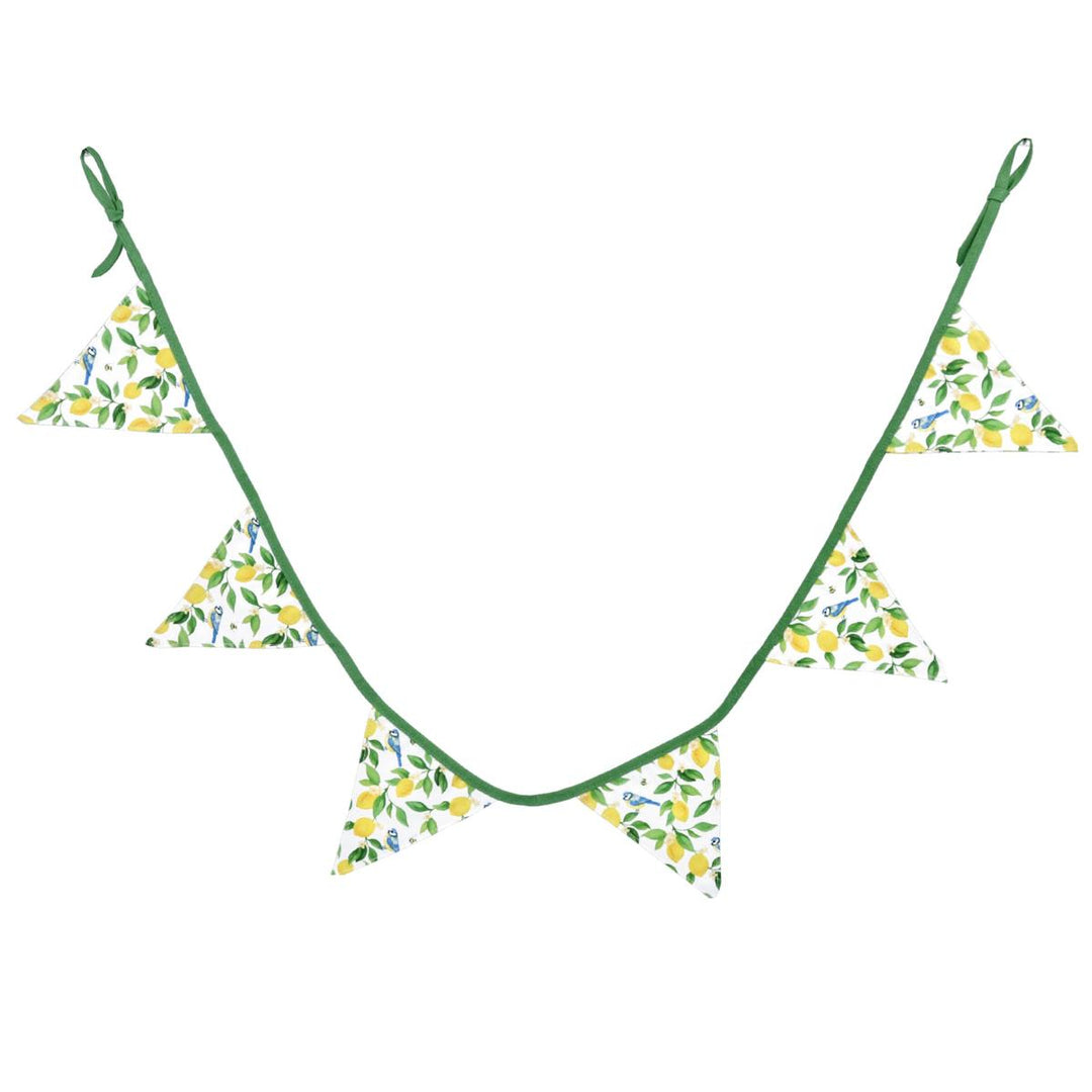 Colorful Gisela Graham Easter lemons and blue tits cotton bunting hanging with vibrant fruit and bird designs.