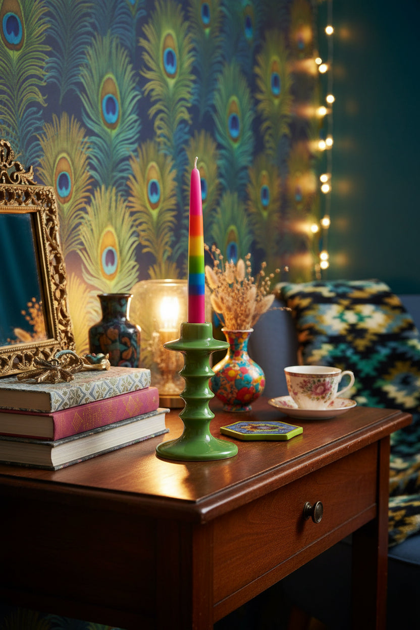 Gisela Graham Small Ceramic Hooped Candlestick - Green